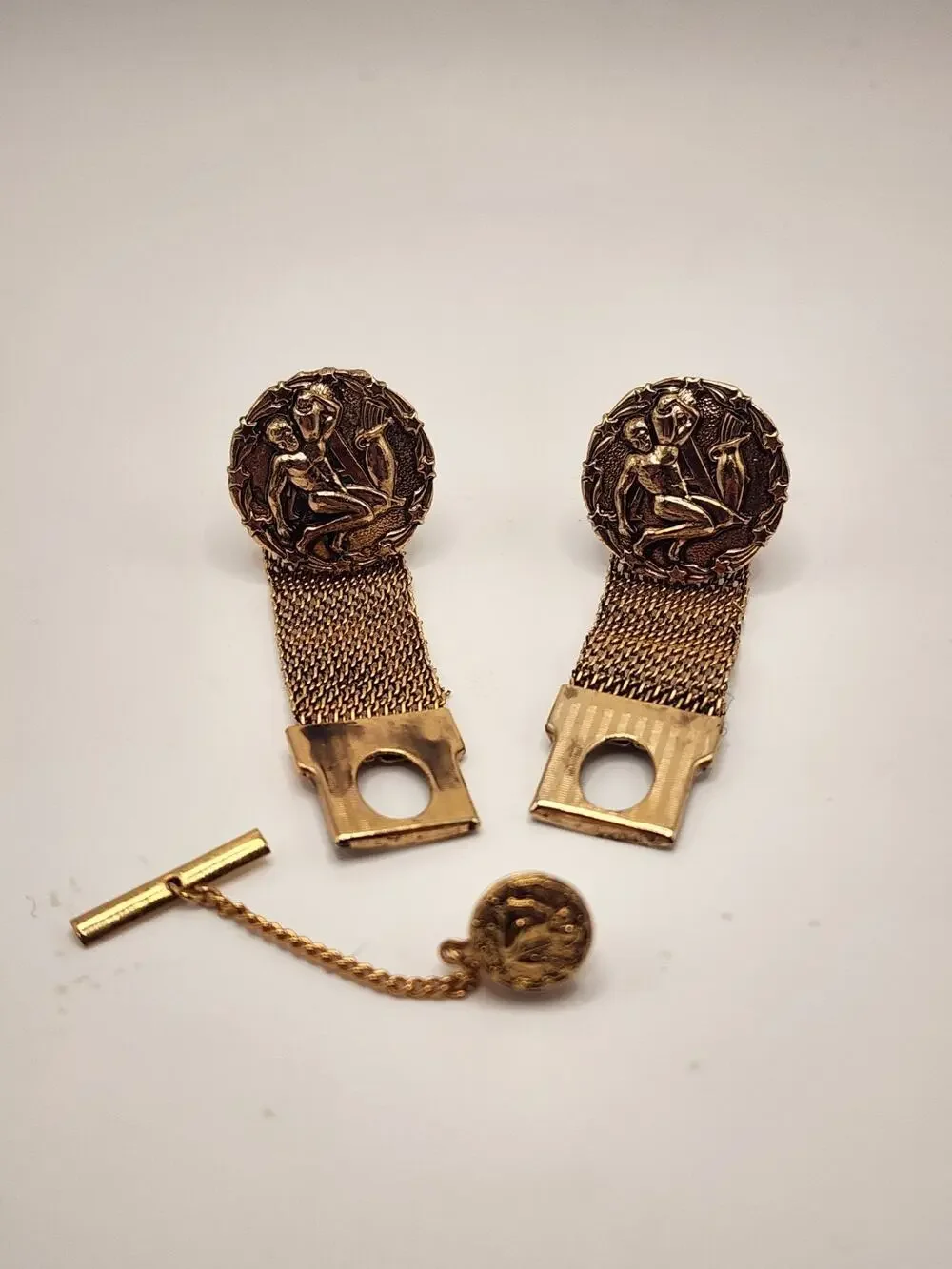 Vintage Swank Zodiac Horoscope Gold Tone Mesh Cufflinks & Tie / Lapel Pin